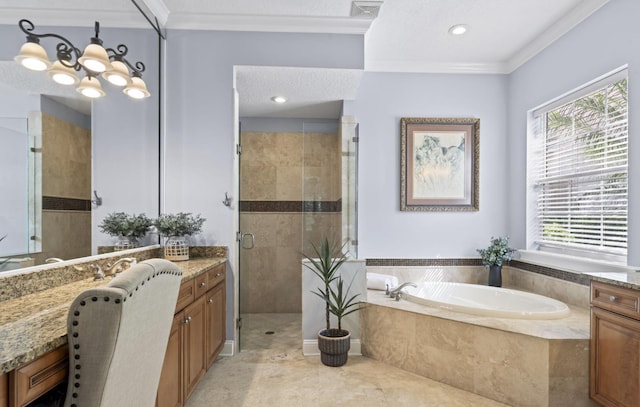 bathroom featuring separate shower and tub, crown molding, vanity, and a textured ceiling