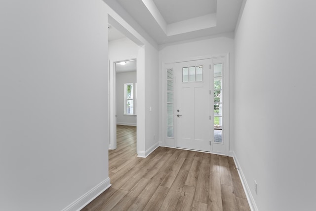 5013 Clayton Ct, Saint Augustine, FL 32092 - entryway with a tray ceiling, baseboards, and wood finished floors