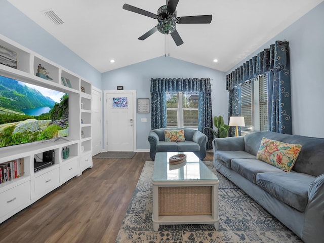 519 Arricola Ave, Saint Augustine, FL 32080 - living area with lofted ceiling, dark wood-style flooring, recessed lighting, visible vents, and ceiling fan