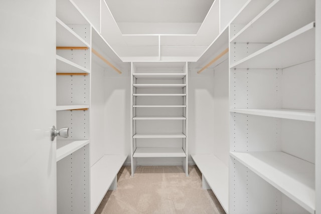 walk in closet featuring light carpet