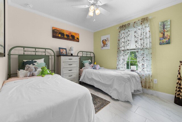 196 Sawmill Forest Ct, Saint Augustine, FL 32086 - bedroom featuring ornamental molding, light marble finish floors, ceiling fan, and baseboards