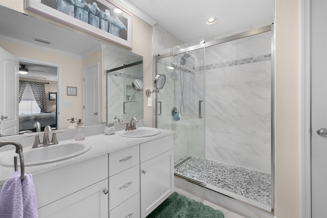 196 Sawmill Forest Ct, Saint Augustine, FL 32086 - full bathroom with ensuite bathroom, crown molding, a shower stall, double vanity, and a ceiling fan