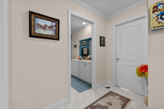 196 Sawmill Forest Ct, Saint Augustine, FL 32086 - doorway featuring crown molding, light marble finish floors, baseboards, and recessed lighting