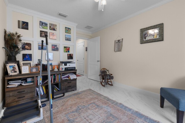 196 Sawmill Forest Ct, Saint Augustine, FL 32086 - office area with ornamental molding, baseboards, ceiling fan, and marble finish flooring
