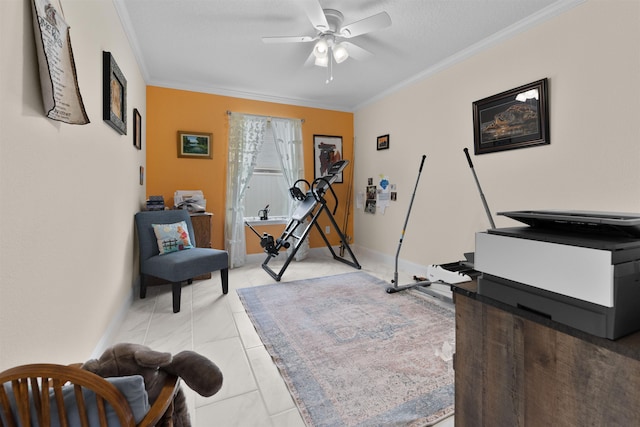 196 Sawmill Forest Ct, Saint Augustine, FL 32086 - workout room featuring crown molding, ceiling fan, and baseboards