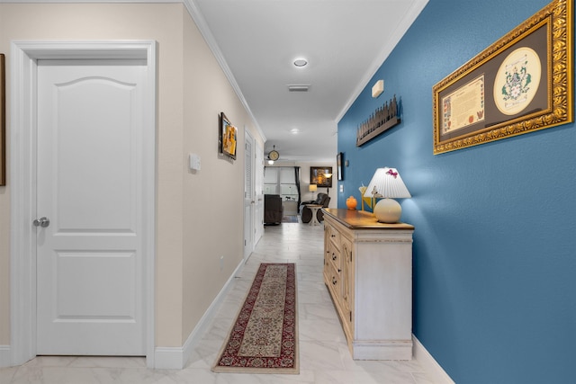 196 Sawmill Forest Ct, Saint Augustine, FL 32086 - hall with crown molding, baseboards, light marble finish flooring, and recessed lighting