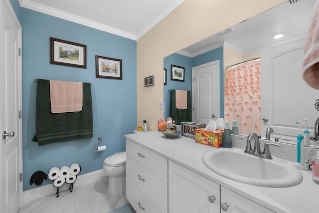 196 Sawmill Forest Ct, Saint Augustine, FL 32086 - bathroom featuring crown molding, toilet, marble look tile flooring, vanity, and baseboards