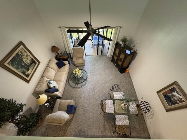 66 Village Del Lago Cir, Saint Augustine, FL 32080 - living room with a high ceiling and a ceiling fan
