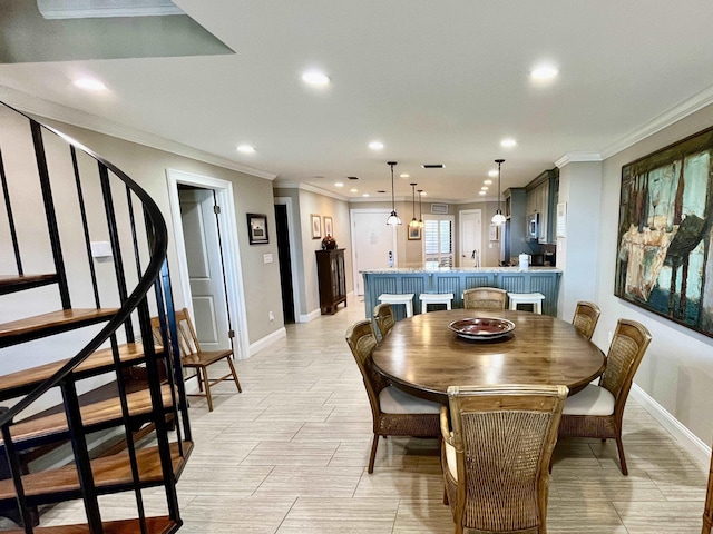 dining area with baseboards, stairway, crown molding, and recessed lighting