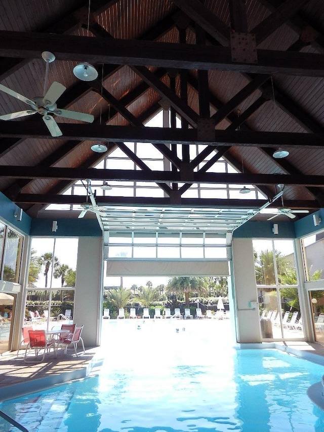 pool featuring a ceiling fan and a gazebo