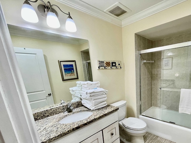 full bathroom with toilet, enclosed tub / shower combo, visible vents, and ornamental molding