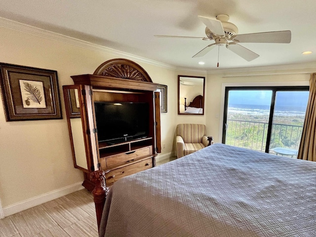 bedroom with access to exterior, crown molding, light wood-style flooring, a ceiling fan, and baseboards