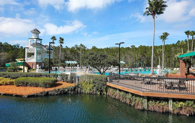 view of community with a water view and a swimming pool