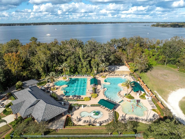 drone / aerial view with a water view