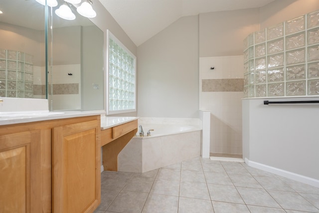 bathroom with tile patterned flooring, vanity, lofted ceiling, and shower with separate bathtub