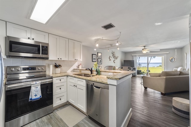 kitchen with sink, kitchen peninsula, light stone countertops, white cabinetry, and stainless steel appliances