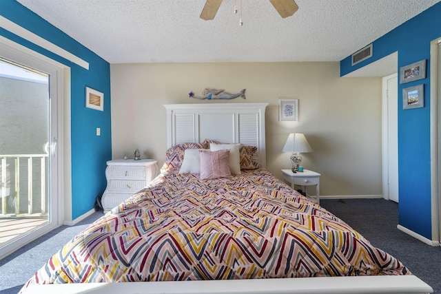 bedroom featuring dark colored carpet, ceiling fan, and a textured ceiling