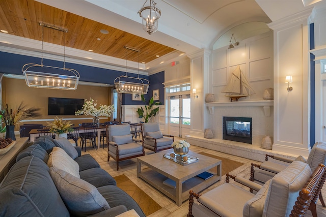 98 Windermere Way, Saint Augustine, FL 32095 - living room with a chandelier, wooden ceiling, wood finished floors, a brick fireplace, and recessed lighting