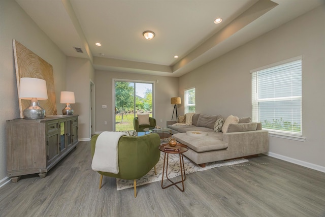 98 Windermere Way, Saint Augustine, FL 32095 - living area with wood finished floors, baseboards, recessed lighting, and a tray ceiling