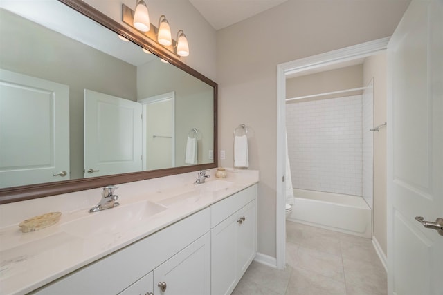 98 Windermere Way, Saint Augustine, FL 32095 - full bathroom featuring double vanity, toilet, baseboards, shower / tub combo with curtain, and tile patterned flooring
