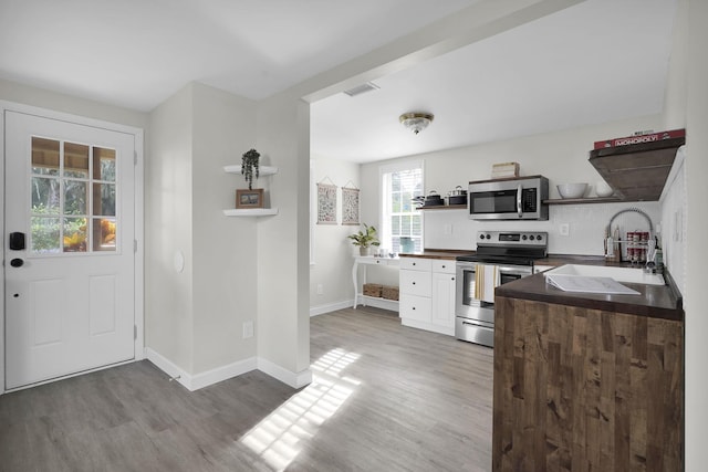 kitchen with wood-type flooring, appliances with stainless steel finishes, and sink