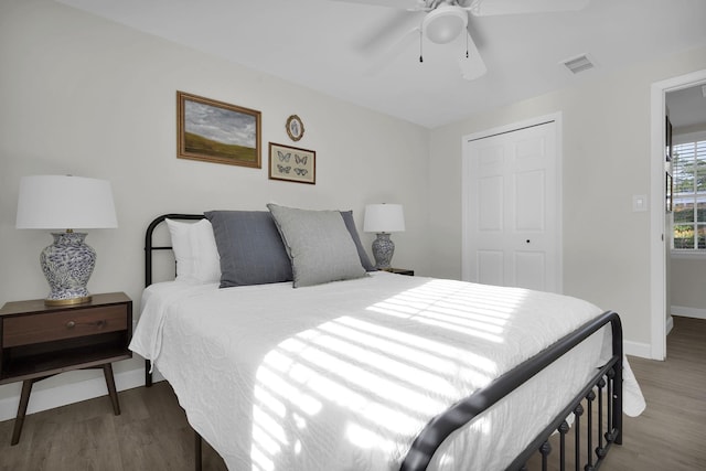 bedroom featuring ceiling fan, dark hardwood / wood-style flooring, and a closet