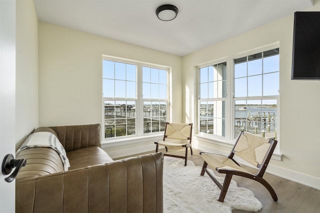 sitting room with hardwood / wood-style floors and a water view