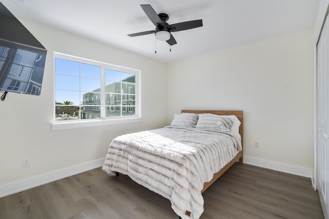 bedroom featuring ceiling fan, dark wood-type flooring, and a closet