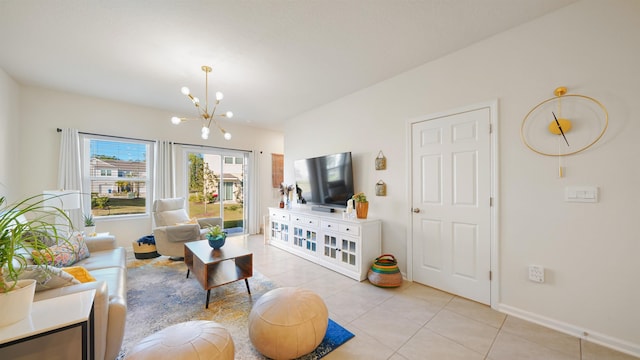 tiled living room featuring a chandelier