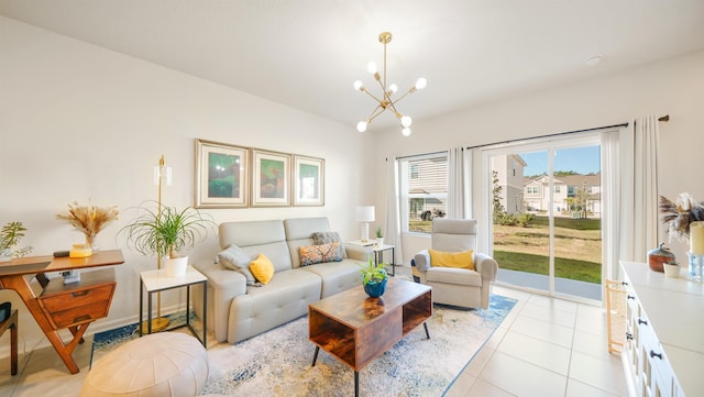 tiled living room with an inviting chandelier