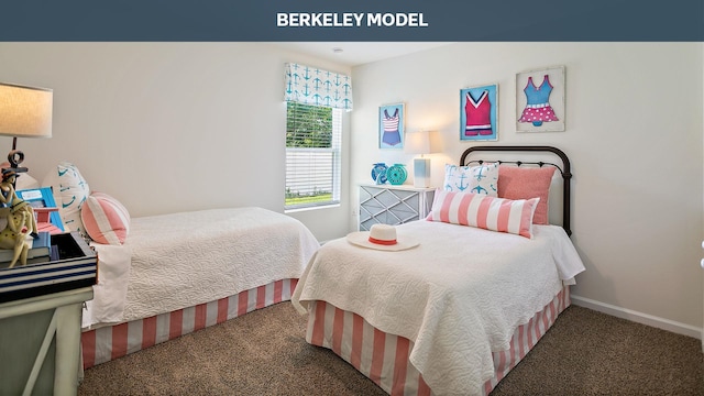 bedroom with dark colored carpet