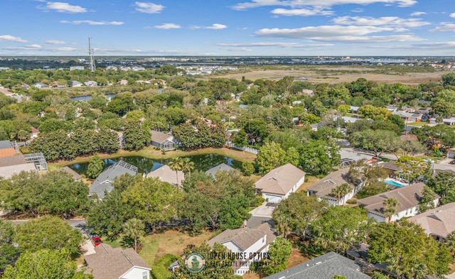 aerial view featuring a water view and a residential view