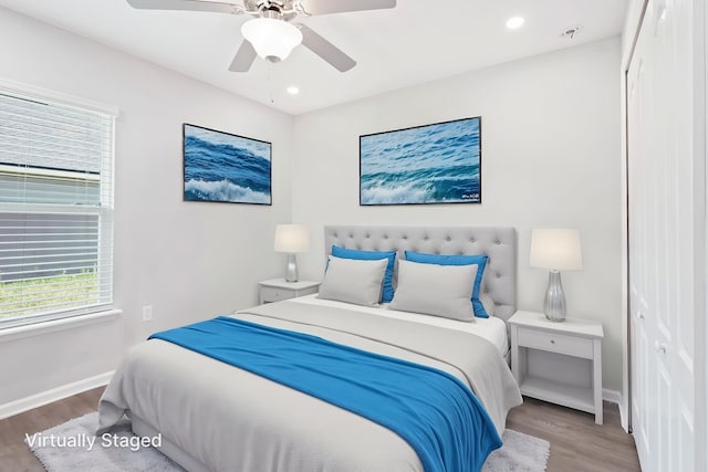 1337 Nochaway Dr, Saint Augustine, FL 32092 - bedroom featuring baseboards, wood finished floors, a ceiling fan, and recessed lighting