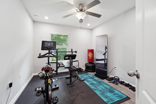1337 Nochaway Dr, Saint Augustine, FL 32092 - workout area with a ceiling fan, baseboards, recessed lighting, and wood finished floors