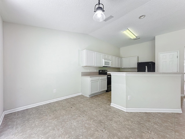 kitchen featuring white cabinets, a textured ceiling, a center island, and black appliances