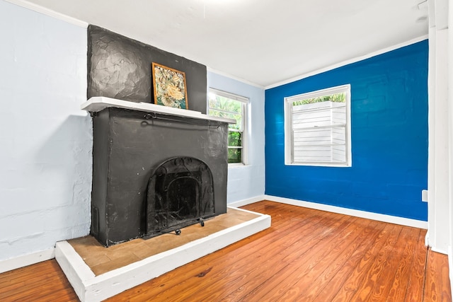 26 Ponce De Leon Ave, Saint Augustine, FL 32080 - unfurnished living room with wood finished floors, ornamental molding, and a fireplace with raised hearth
