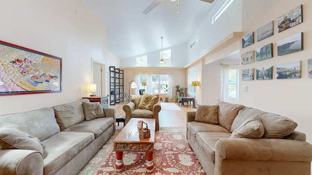 23 Fancher Ct, Saint Augustine, FL 32080 - living room featuring ceiling fan and high vaulted ceiling