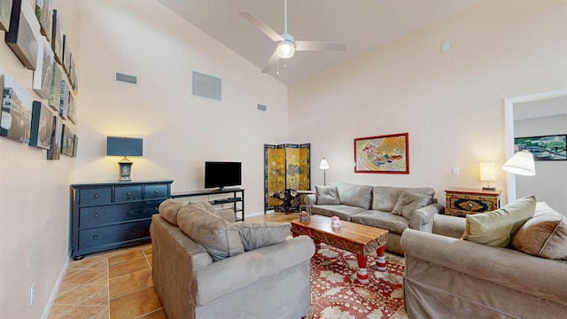 23 Fancher Ct, Saint Augustine, FL 32080 - living area with high vaulted ceiling, baseboards, a ceiling fan, and light tile patterned flooring