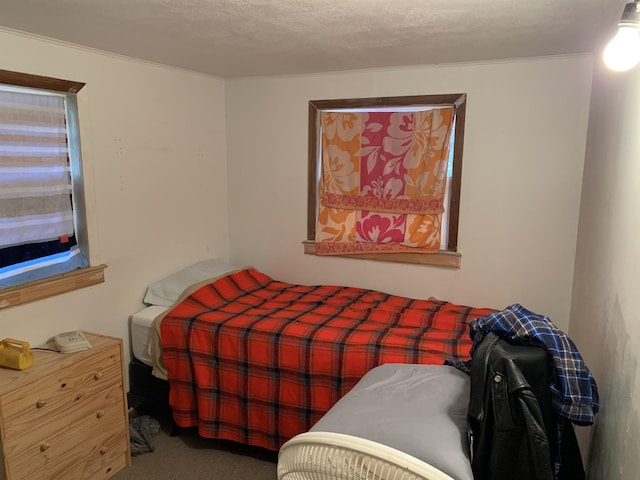 carpeted bedroom with a textured ceiling