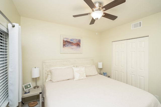 bedroom featuring a closet and ceiling fan