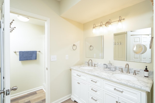 bathroom with hardwood / wood-style flooring and vanity