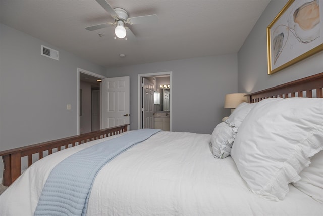 bedroom with ceiling fan and ensuite bath