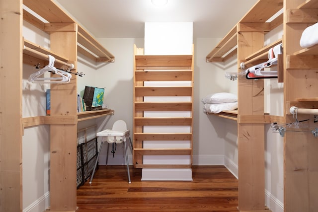 walk in closet with dark wood-type flooring