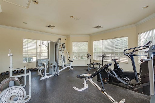 520 Florida Club Blvd Unit 101, Saint Augustine, FL 32084 - workout area featuring crown molding, visible vents, baseboards, and a healthy amount of sunlight