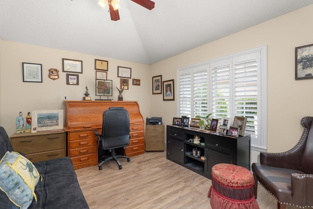 1300 Paradise Pond Rd, Saint Augustine, FL 32092 - home office with vaulted ceiling, light wood finished floors, and a ceiling fan