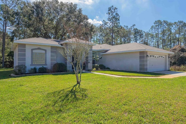 ranch-style home with a garage, concrete driveway, a front lawn, and stucco siding