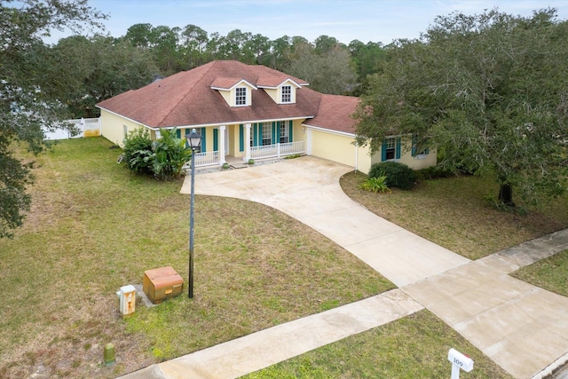 view of front of house featuring covered porch and a front lawn