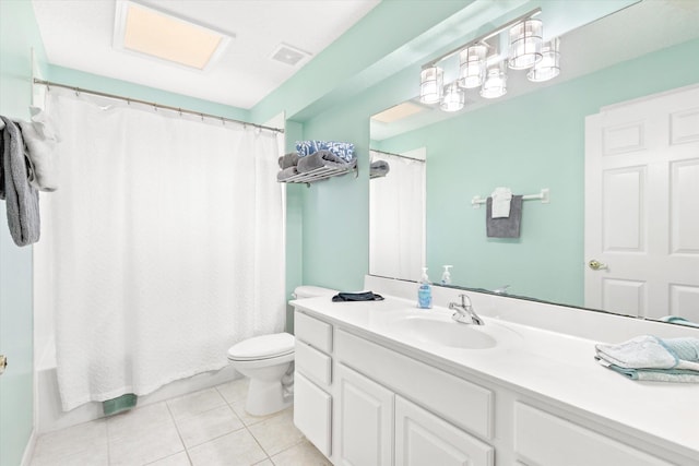 full bathroom with toilet, vanity, shower / bathtub combination with curtain, and tile patterned flooring