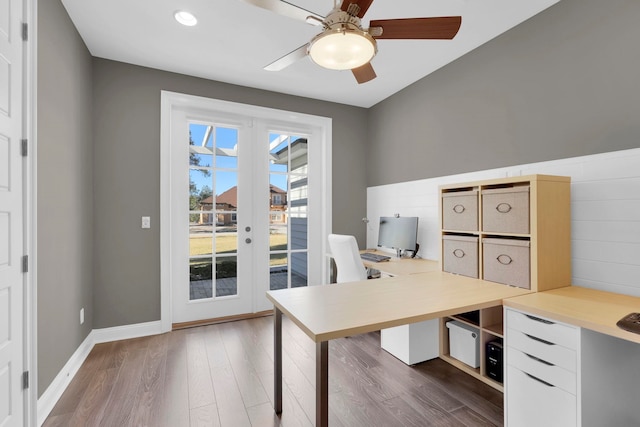 200 Manuel Ct, Saint Augustine, FL 32095 - office featuring french doors, baseboards, dark wood-type flooring, and ceiling fan