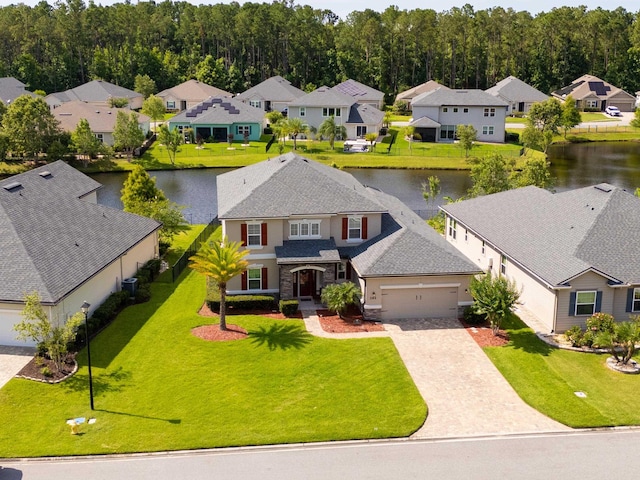 view of front of home featuring a water view, a front yard, and a garage